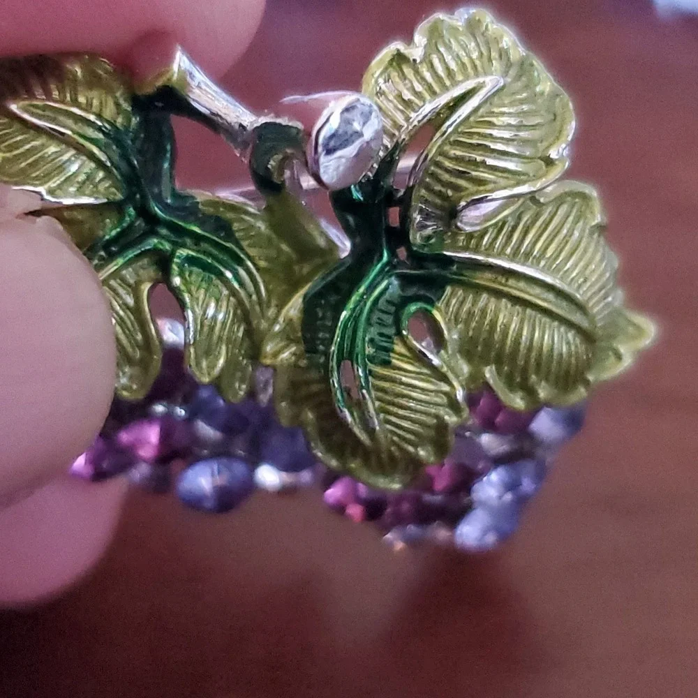 Grape Cluster Brooch Pin Rhinestone Purple Lavender Green Enamel Silver Tone